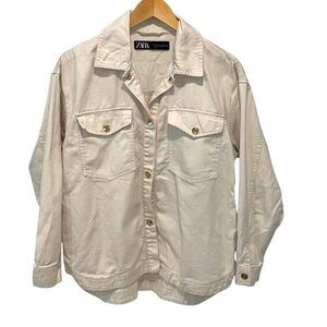 Zara Womens Oversized Cotton Snap Front Shacket Shirt Jacket Cream Size Small‎